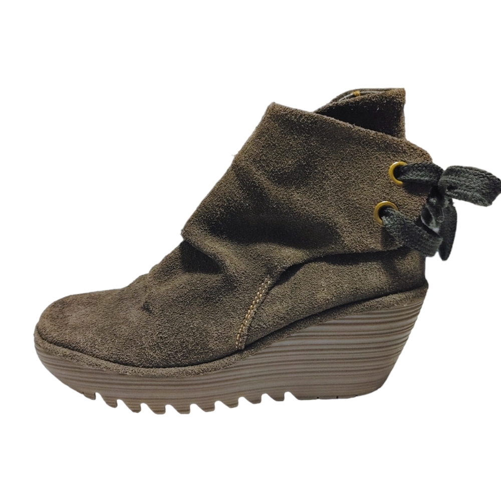 Fly London Yama Olive Green Suede Leather Wedge Heel Booties Women's Size  7